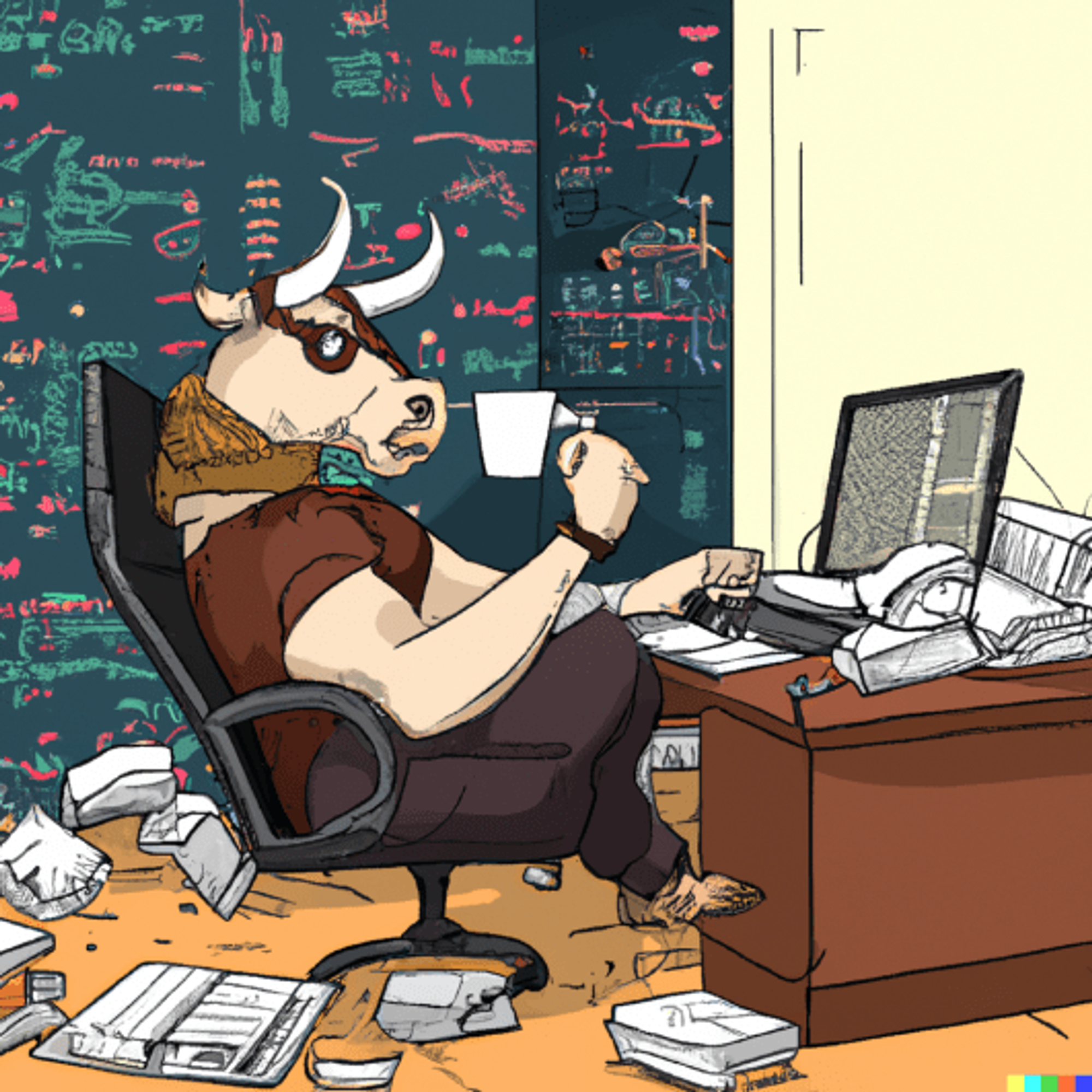 A bull furiously writing computer code while drinking coffee in a room crammed full of books and papers stacked to the ceiling. #dalle
